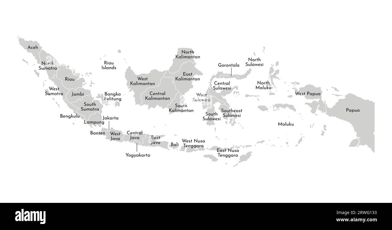 Vektorisolierte Darstellung einer vereinfachten Verwaltungskarte Indonesiens. Grenzen und Namen der Provinzen (Regionen). Graue Silhouetten. Weiß Stock Vektor