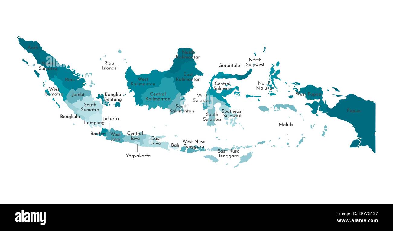Vektorisolierte Darstellung einer vereinfachten Verwaltungskarte Indonesiens. Grenzen und Namen der Regionen. Farbenfrohe, khakifarbene Silhouetten Stock Vektor