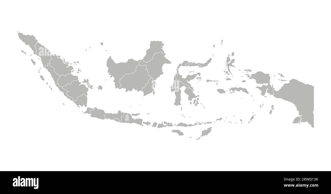 Vektorisolierte Darstellung einer vereinfachten Verwaltungskarte Indonesiens. Grenzen der Provinzen (Regionen). Graue Silhouetten. Weiße Umrandung. Stock Vektor