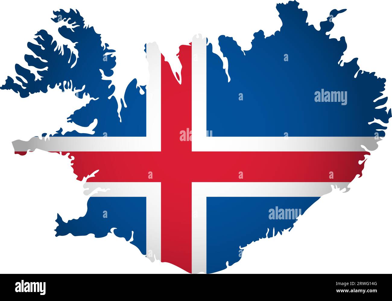 Abbildung mit isländischer Nationalflagge mit vereinfachter Form der isländischen Landkarte (jpg). Volume Shadow auf der Karte Stock Vektor