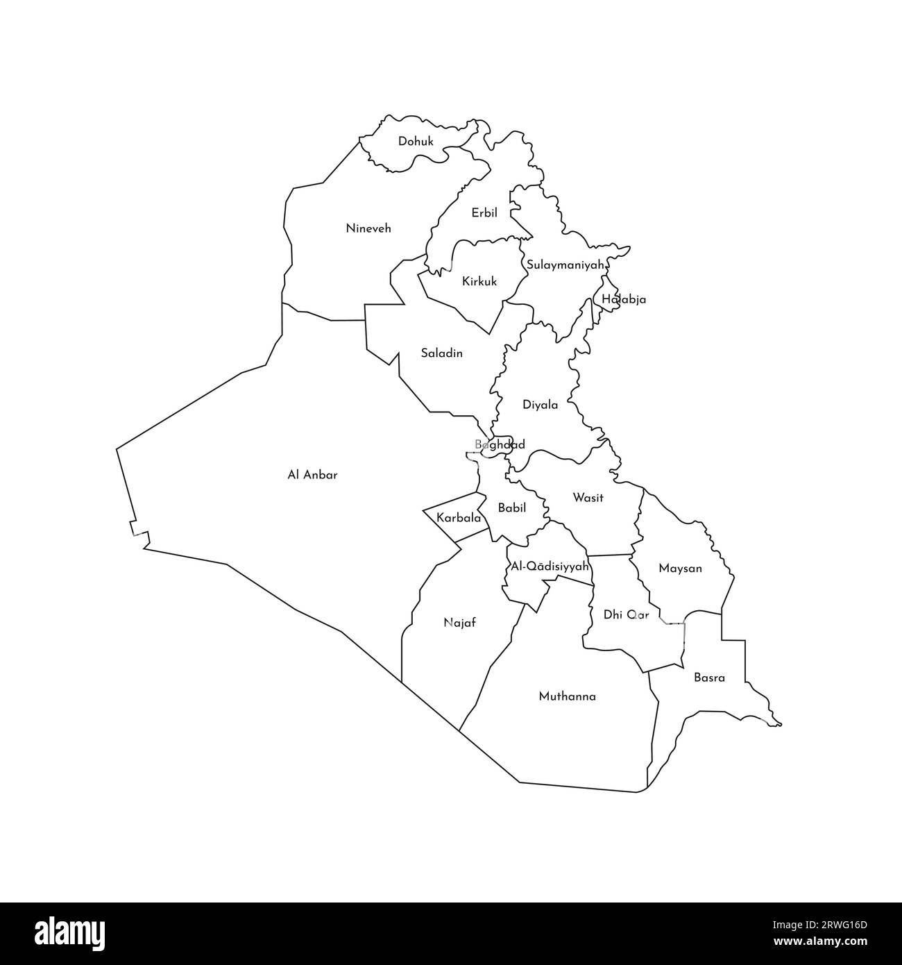 Vektor-isolierte Illustration einer vereinfachten Verwaltungskarte des Irak. Grenzen und Namen der Gouvernements (Regionen). Silhouetten mit schwarzen Linien. Stock Vektor