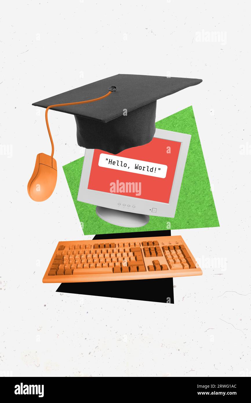 Vertikales kreatives Collagenbild von Computermonitor-Bildschirmkodiernummern digitales Internetprogramm Tastatur Maus Abschluss hat Ausbildung Stockfoto