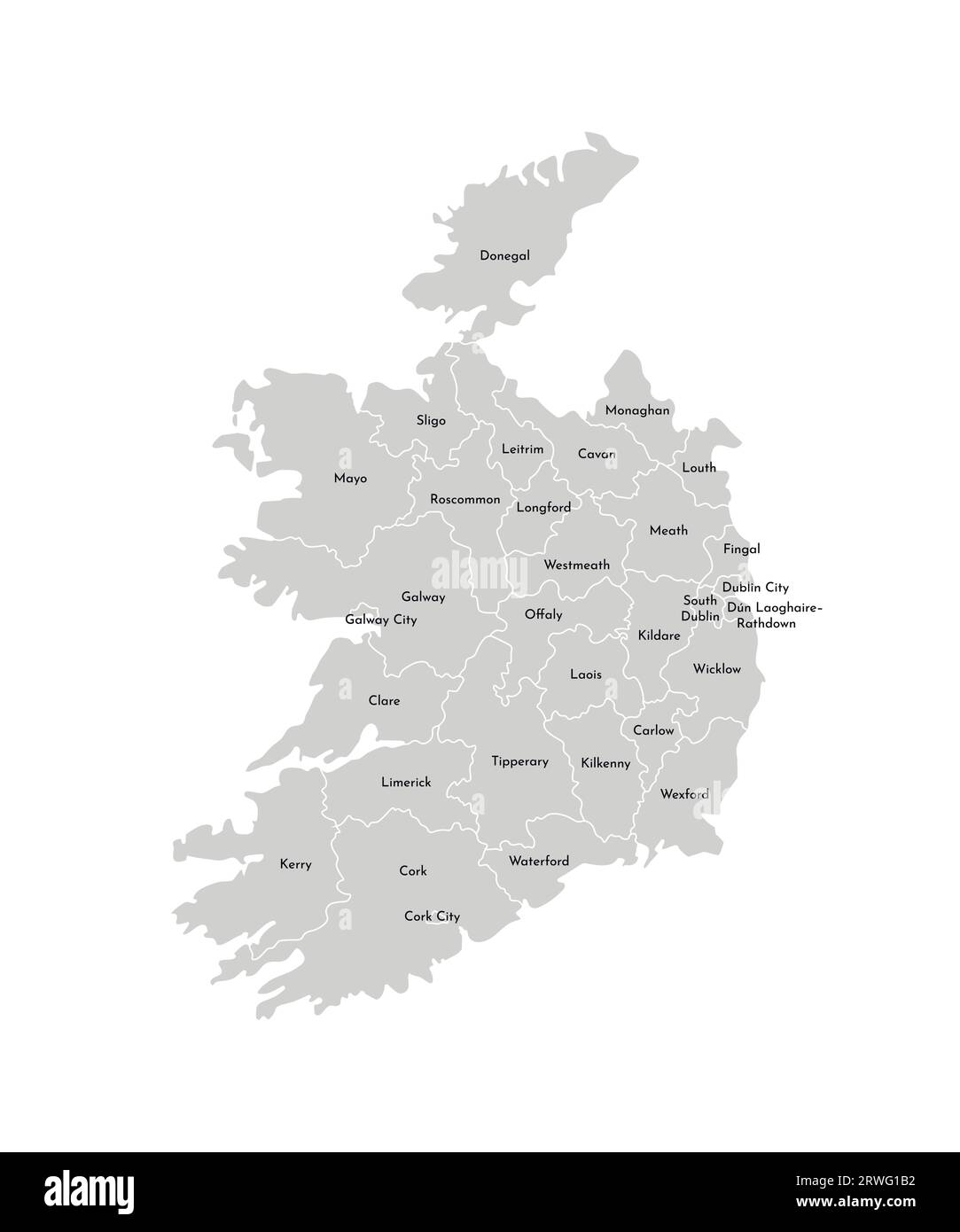 Vektorisolierte Illustration einer vereinfachten Verwaltungskarte der Republik Irland. Grenzen und Namen der Provinzen (Regionen). Graue Silhouetten. Stock Vektor