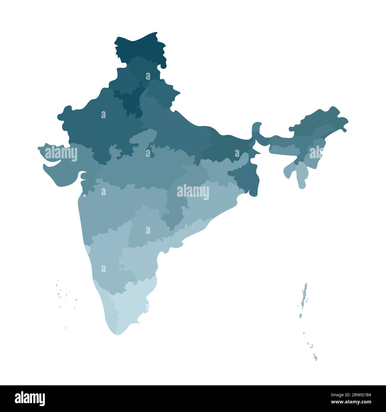 Vektor-isolierte Illustration einer vereinfachten Verwaltungskarte Indiens. Grenzen der staaten. Farbenfrohe, khakifarbene Silhouetten. Stock Vektor