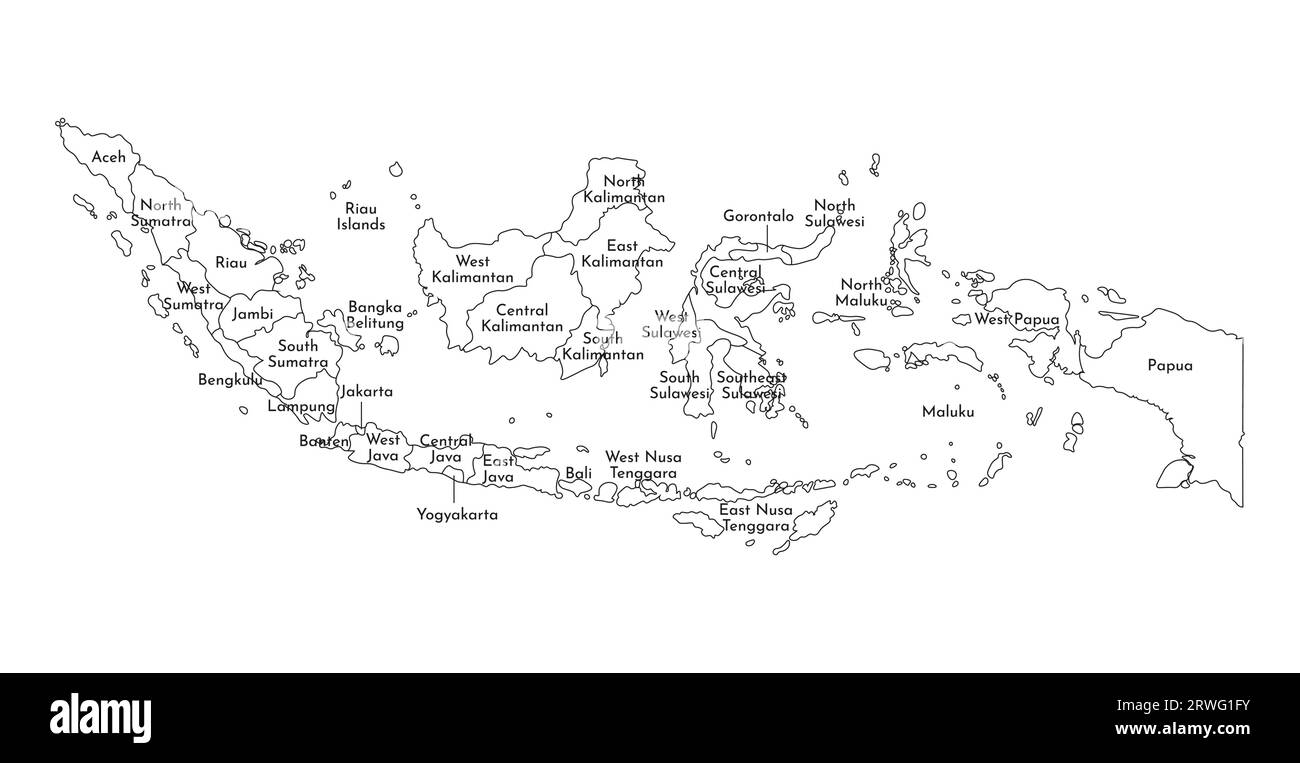 Vektorisolierte Darstellung einer vereinfachten Verwaltungskarte Indonesiens. Grenzen und Namen der Regionen. Silhouetten mit schwarzen Linien. Stock Vektor