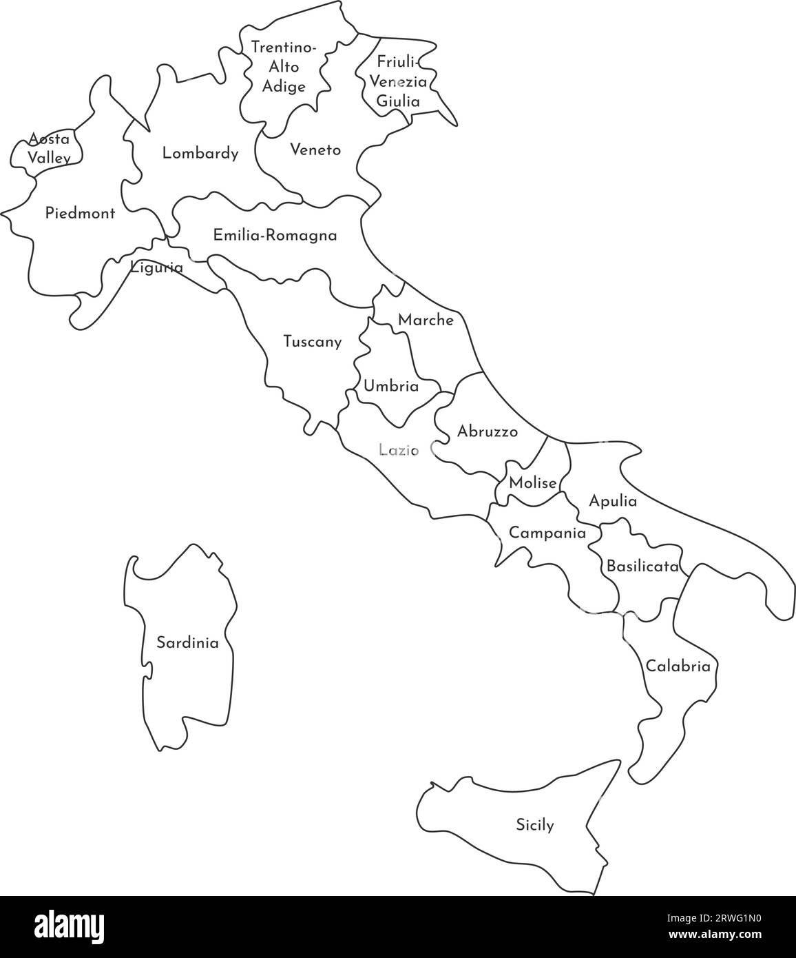 Vektorisolierte Darstellung einer vereinfachten Verwaltungskarte Italiens. Grenzen und Namen der Regionen. Silhouetten mit schwarzen Linien. Stock Vektor