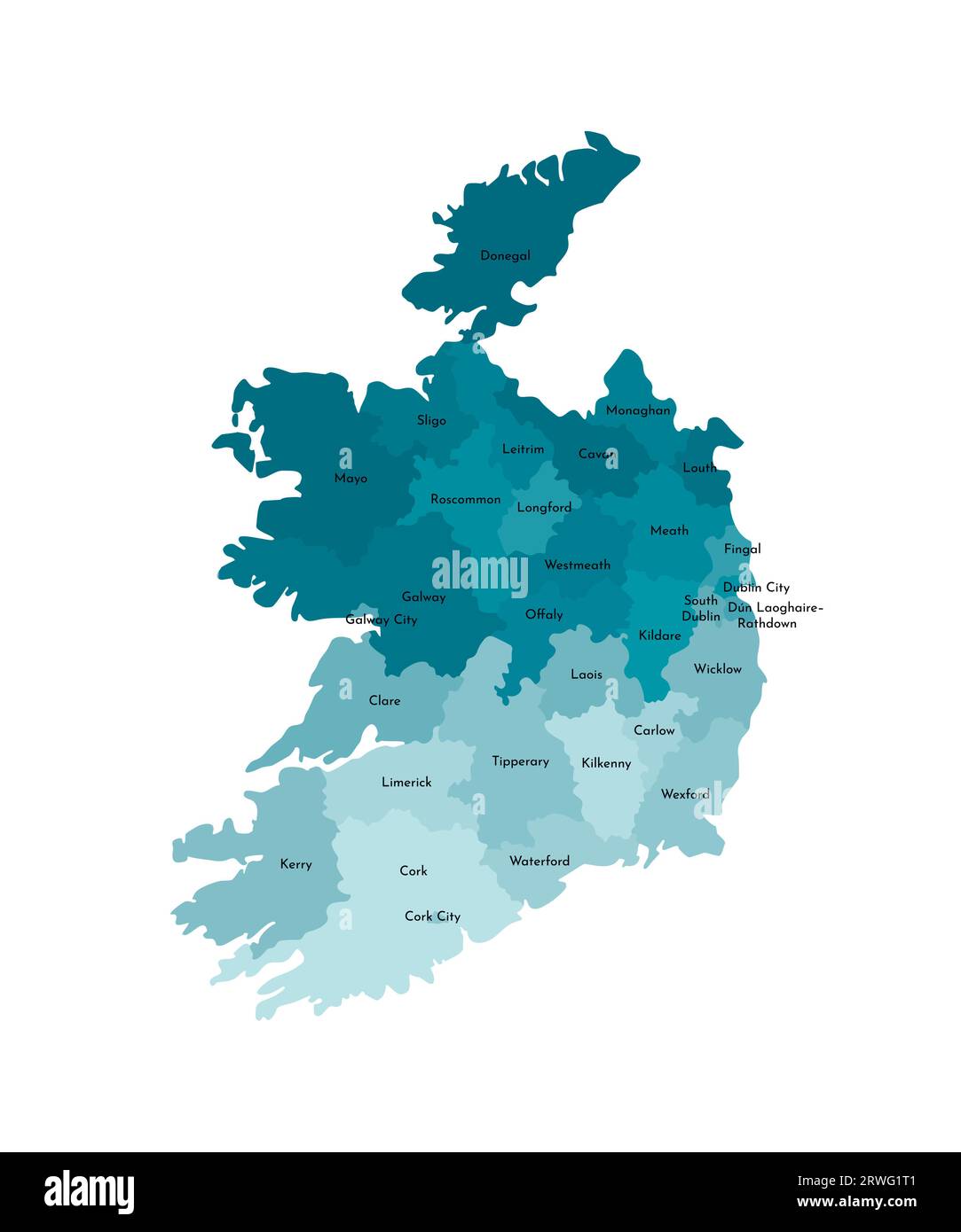 Vektorisolierte Illustration einer vereinfachten Verwaltungskarte der Republik Irland. Grenzen und Namen der Regionen. Farbenfrohe blaue Khaki-Silhouette Stock Vektor