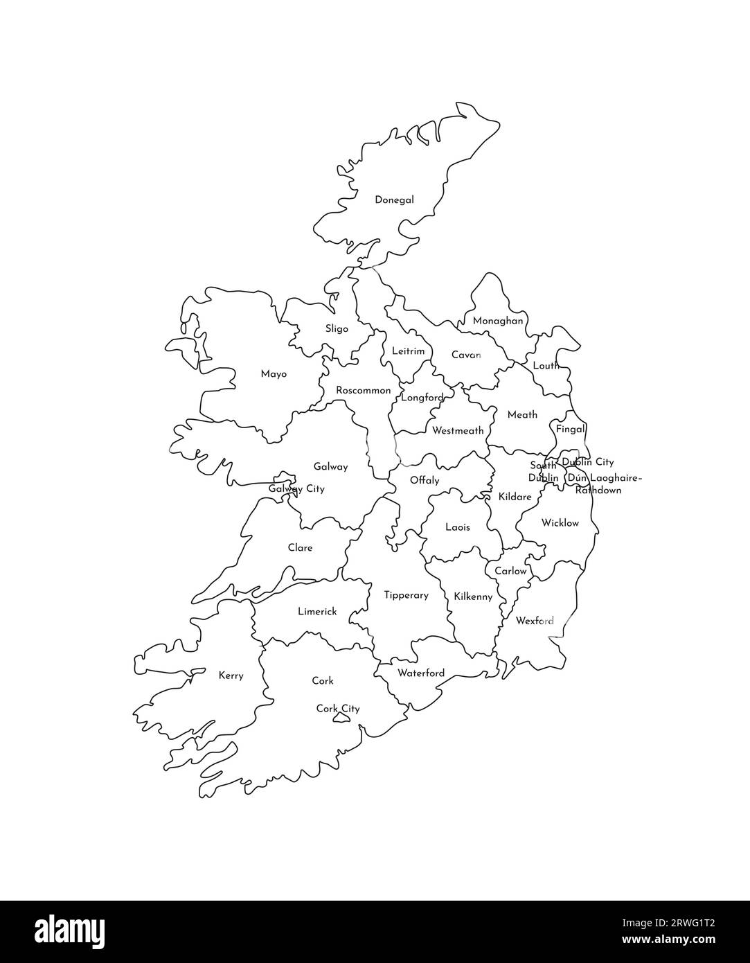 Vektorisolierte Illustration einer vereinfachten Verwaltungskarte der Republik Irland. Grenzen und Namen der Regionen. Silhouetten mit schwarzen Linien. Stock Vektor