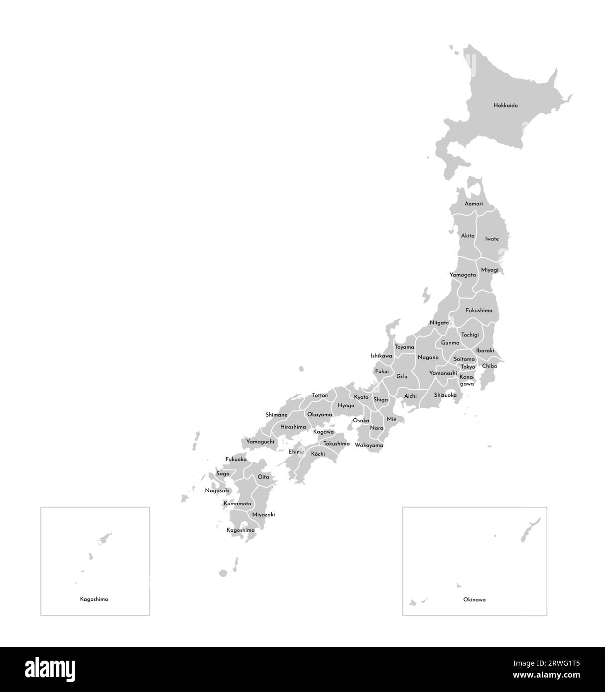 Vektorisolierte Darstellung einer vereinfachten Verwaltungskarte Japans. Grenzen und Namen der Präfekturen (Regionen). Graue Silhouetten. Weißer Outlin Stock Vektor