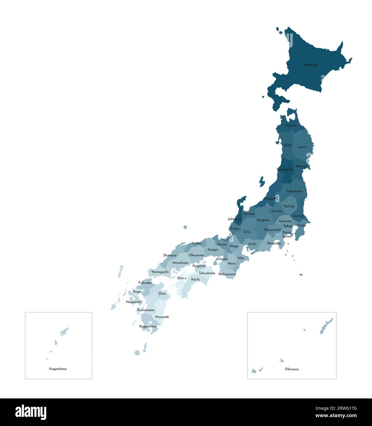 Vektorisolierte Darstellung einer vereinfachten Verwaltungskarte Japans. Grenzen und Namen der Präfekturen. Farbenfrohe, khakifarbene Silhouetten. Stock Vektor