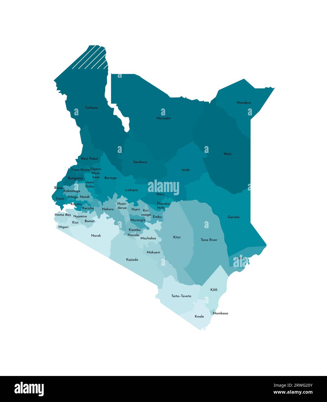 Vektorisolierte Darstellung einer vereinfachten Verwaltungskarte Kenias. Grenzen und Namen der Bezirke (Regionen). Farbenfrohe, khakifarbene Silhouetten Stock Vektor