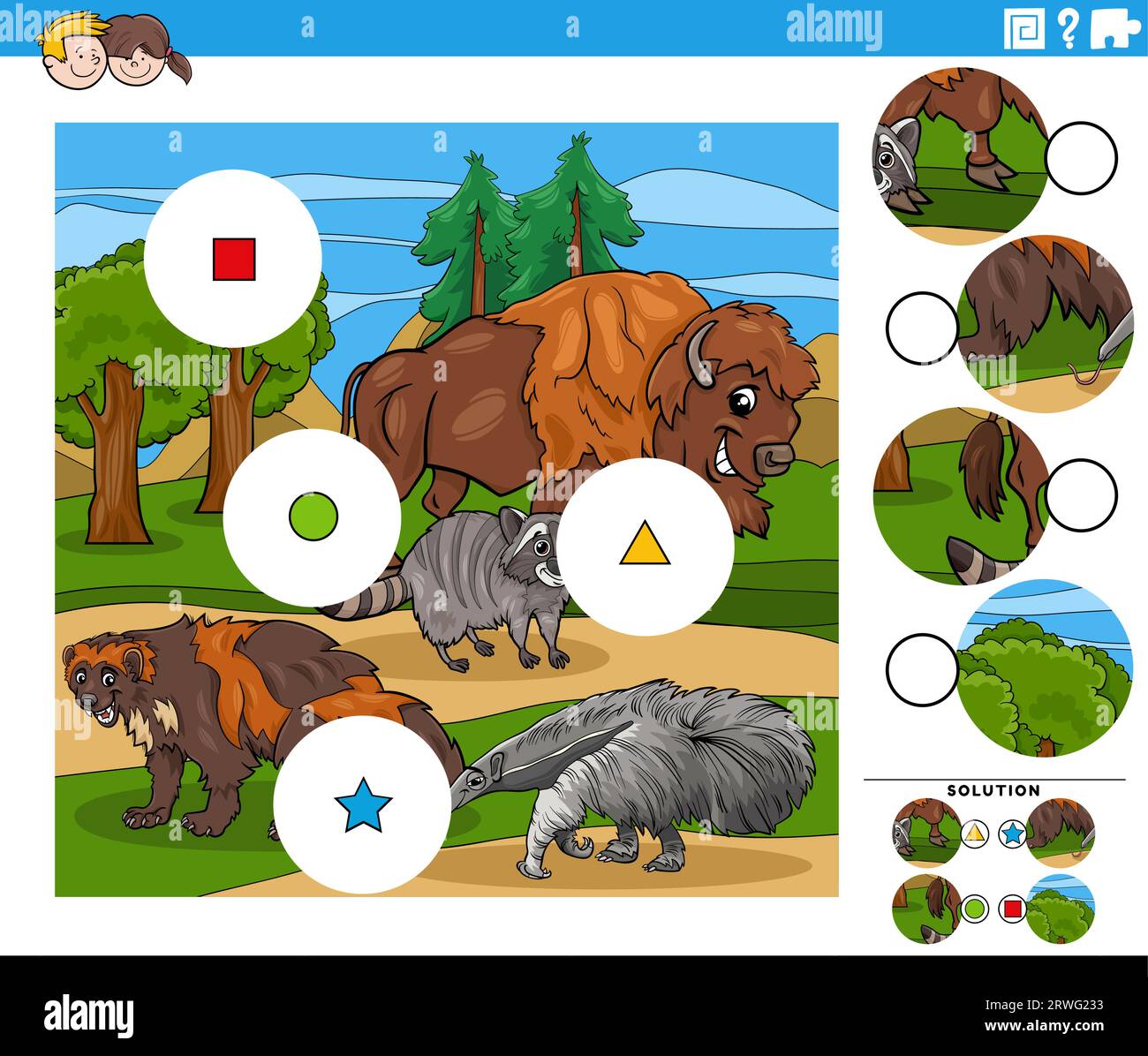 Zeichentrickillustration der pädagogischen Match the Pieces Puzzle-Aktivität mit wilden Tieren Stock Vektor