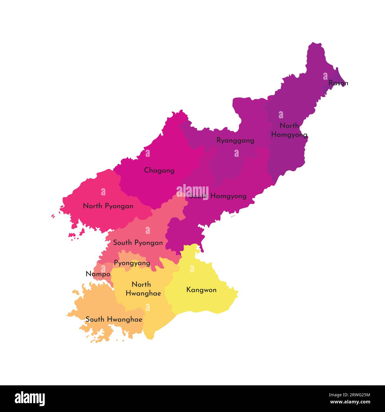 Vektorisolierte Darstellung einer vereinfachten Verwaltungskarte Nordkoreas (Volksrepublik Korea). Grenzen und Namen der Regionen. Multi-Col Stock Vektor
