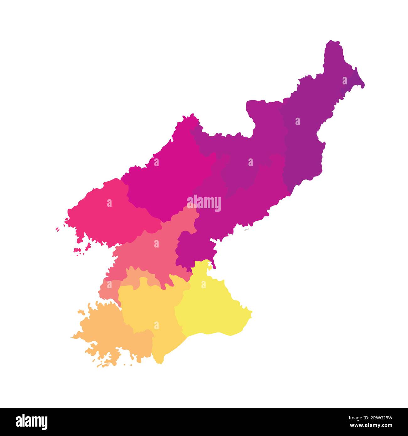 Vektorisolierte Darstellung einer vereinfachten Verwaltungskarte Nordkoreas (Volksrepublik Korea). Grenzen der Regionen. Mehrfarbiger Silho Stock Vektor
