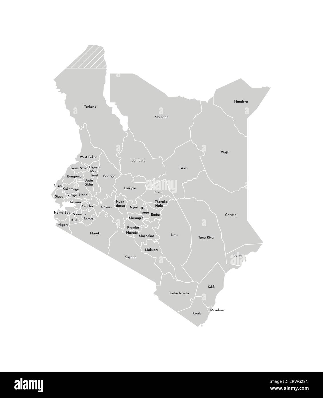 Vektorisolierte Darstellung einer vereinfachten Verwaltungskarte Kenias. Grenzen und Namen der Bezirke (Regionen). Graue Silhouetten. Weiße Umrandung Stock Vektor