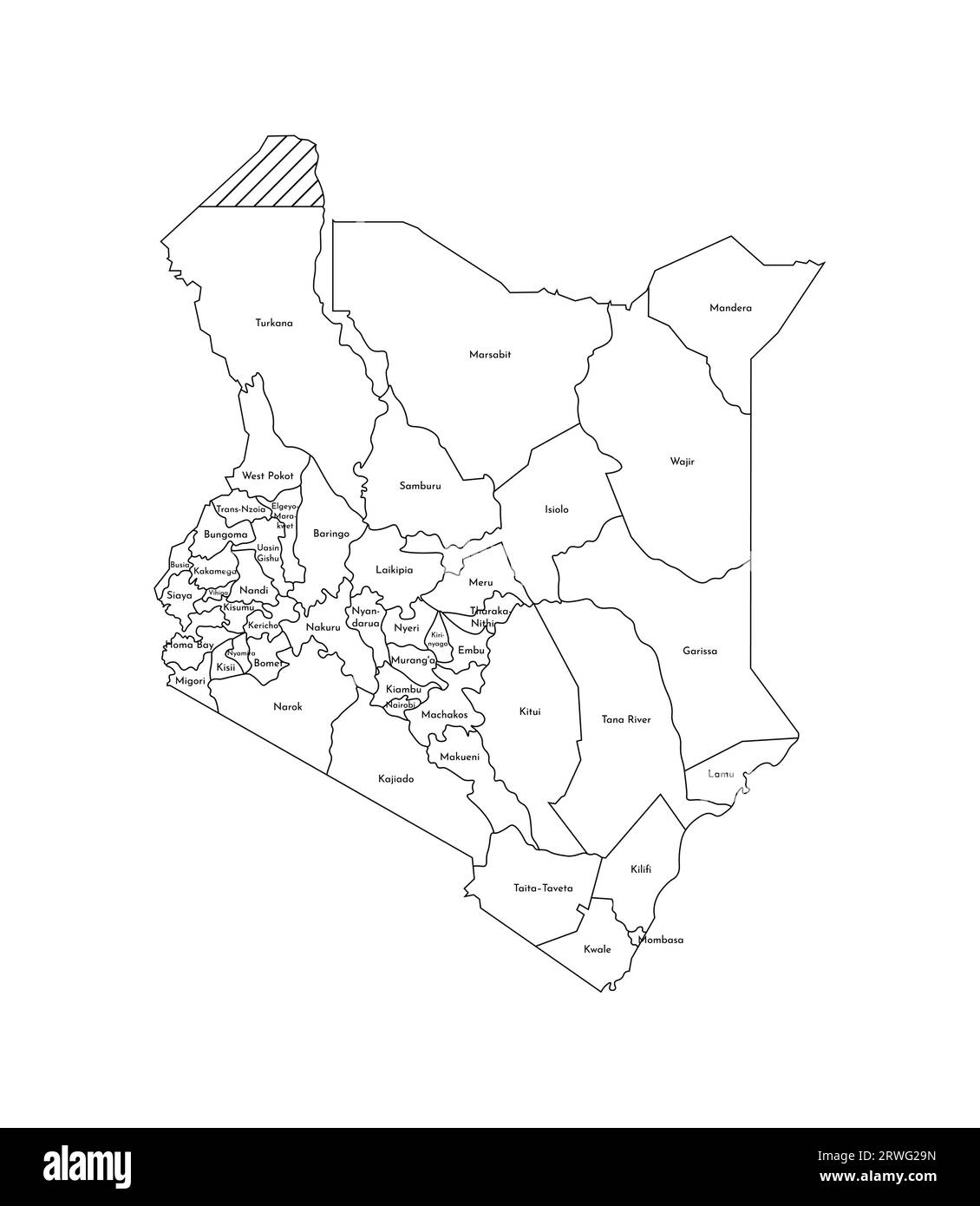 Vektorisolierte Darstellung einer vereinfachten Verwaltungskarte Kenias. Grenzen und Namen der Bezirke (Regionen). Silhouetten mit schwarzen Linien. Stock Vektor