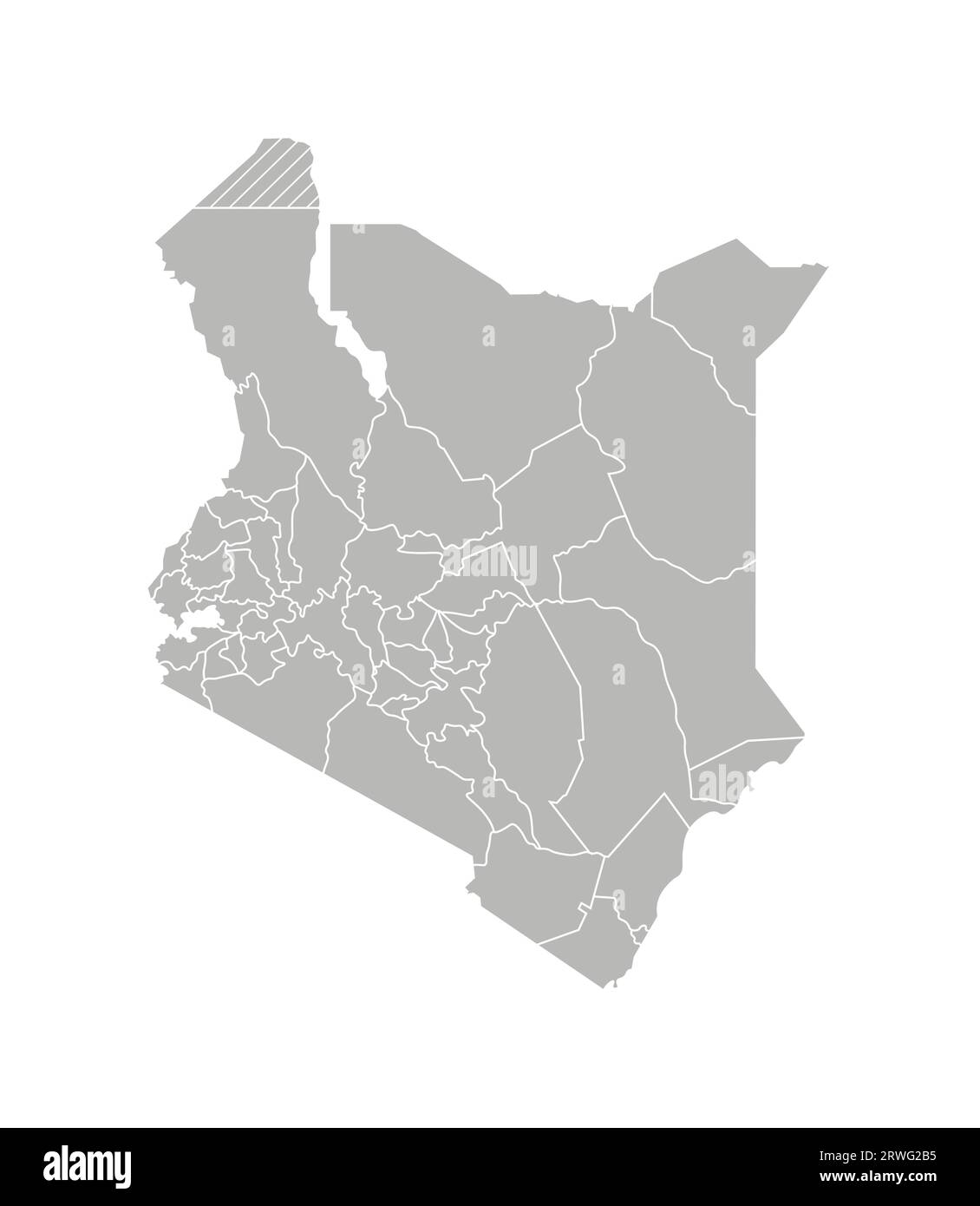 Vektorisolierte Darstellung einer vereinfachten Verwaltungskarte Kenias. Grenzen der Grafschaften (Regionen). Graue Silhouetten. Weiße Umrandung. Stock Vektor