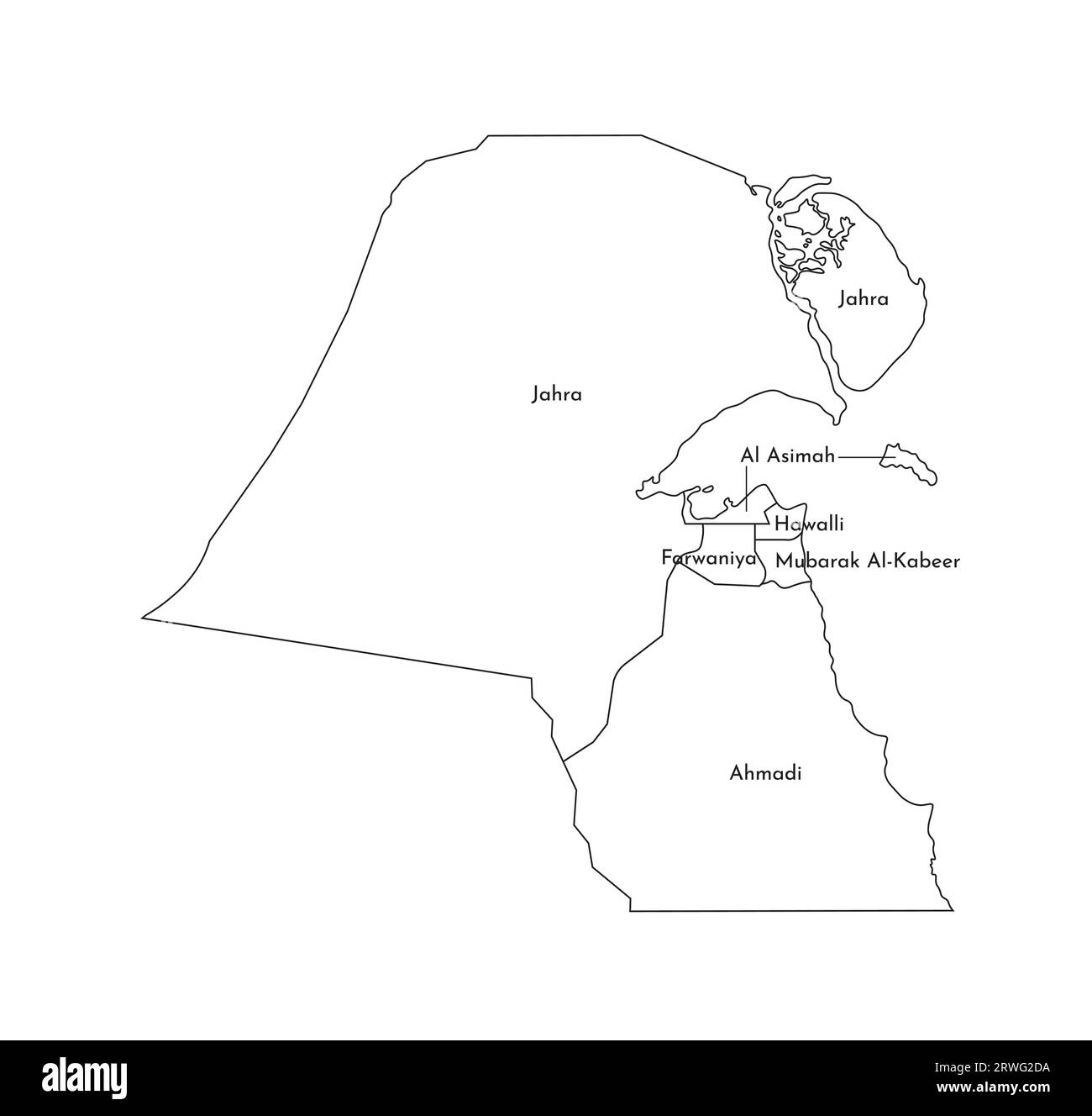 Vektor-isolierte Illustration der vereinfachten Verwaltungskarte Kuwaits. Grenzen der Gouvernements. Silhouetten mit schwarzen Linien Stock Vektor