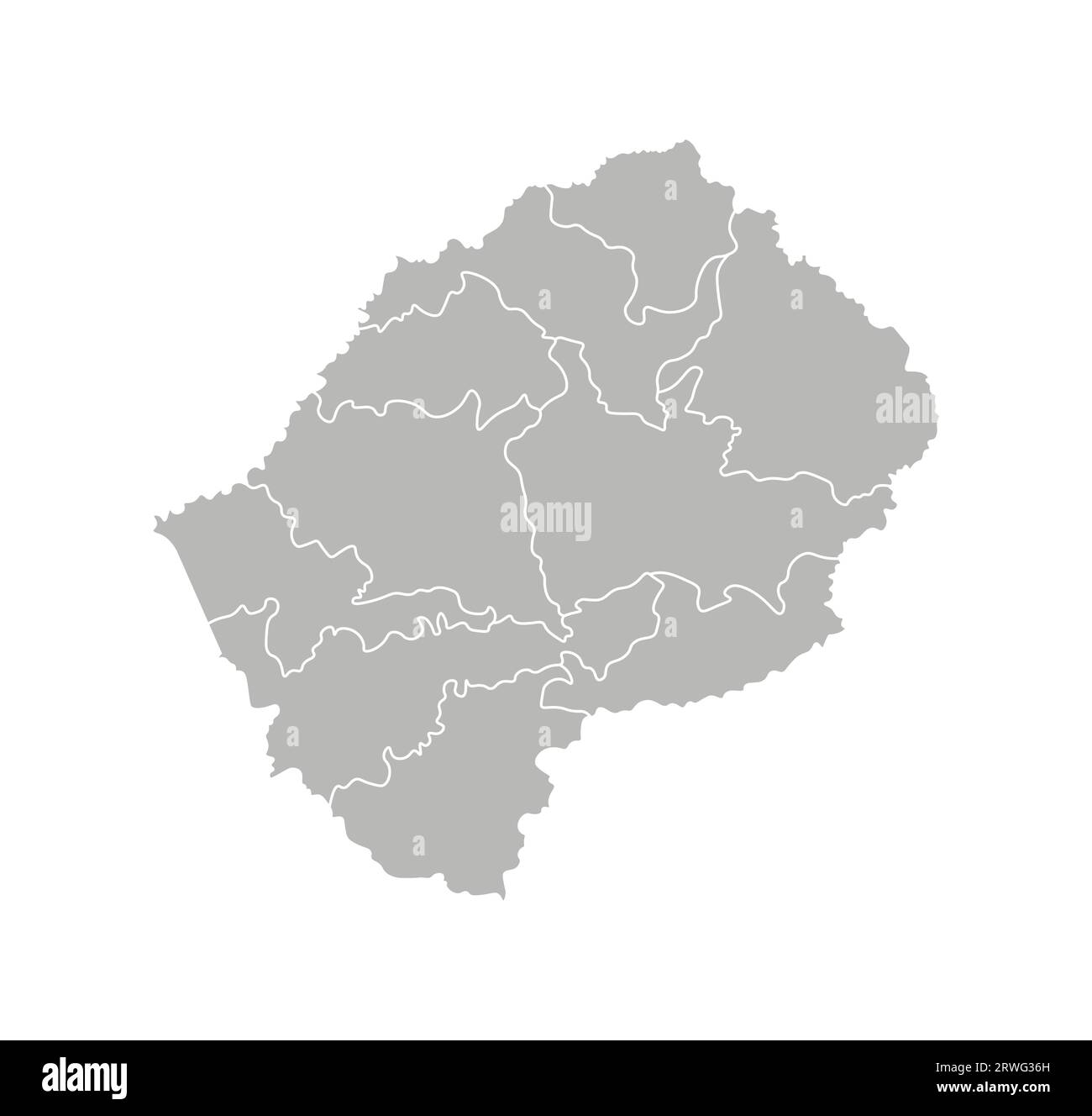 Vektorisolierte Darstellung einer vereinfachten Verwaltungskarte von Lesotho. Grenzen der Bezirke (Regionen). Graue Silhouetten. Weiße Umrandung. Stock Vektor