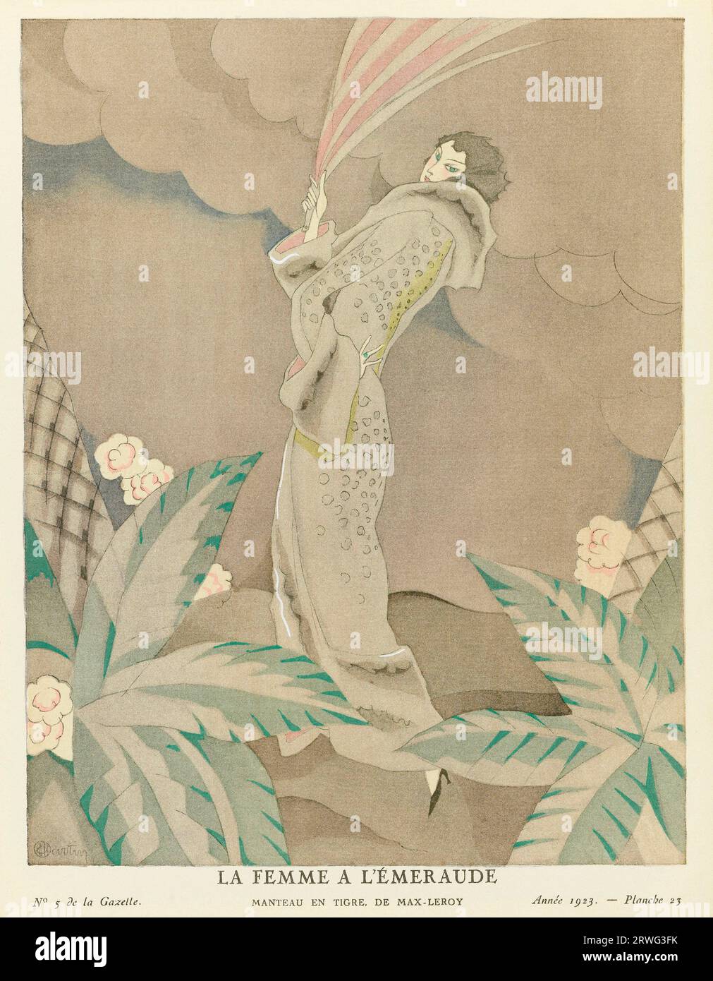Die Frau mit dem Smaragd. Tigermantel von Max-Leroy. Art-Deco-Modebillustration für die Gazette du Bon Ton, eine Pariser Modezeitschrift, die zwischen 1912-1915 und 1919 und 1925 erschien. Stockfoto