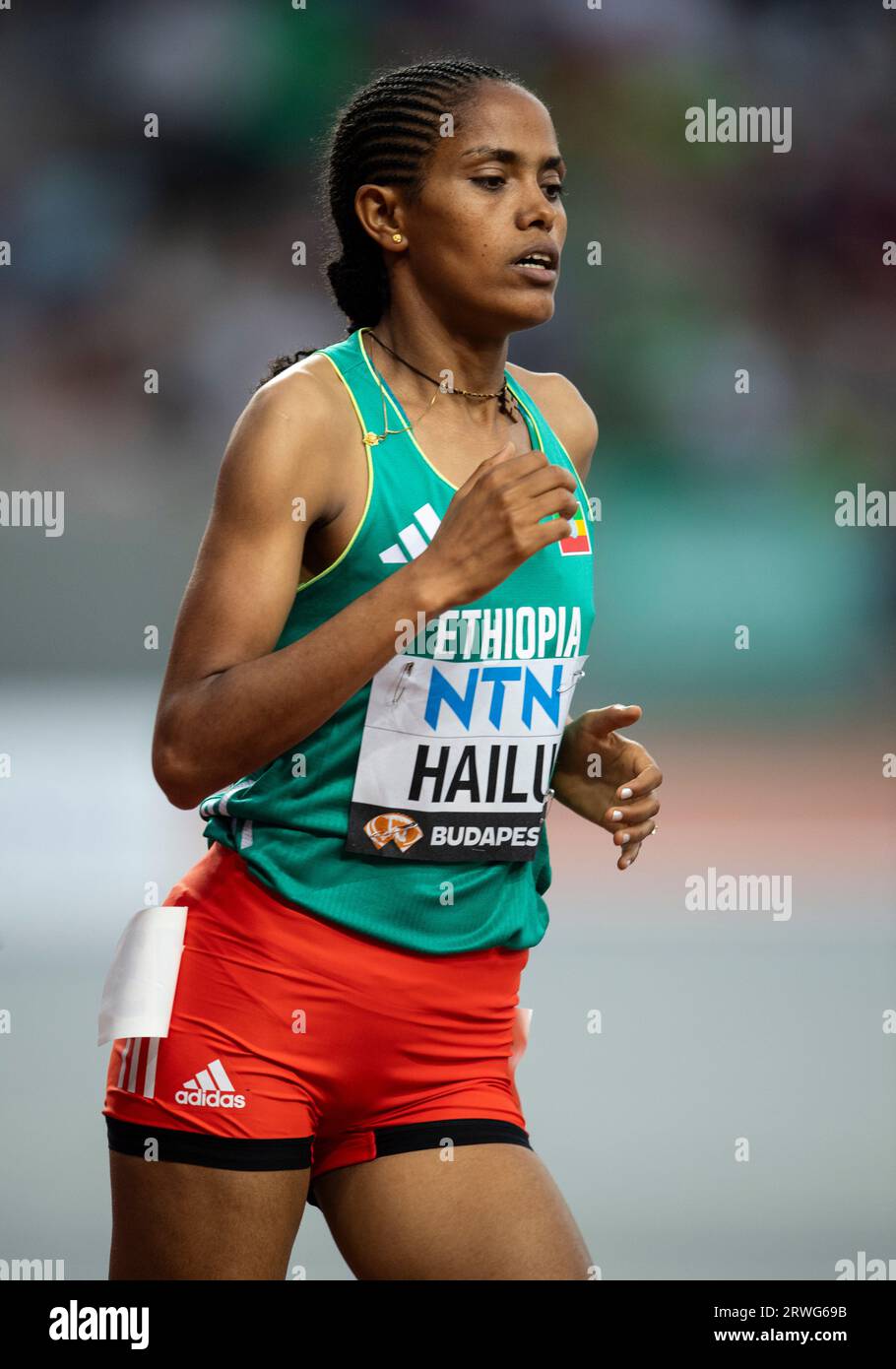 Freweyni Hailu aus Äthiopien, der am fünften Tag bei den Leichtathletik-Weltmeisterschaften im Nationalen Leichtathletik-Zentrum in Budapest in den 5000-Meter-Läufen antrat Stockfoto