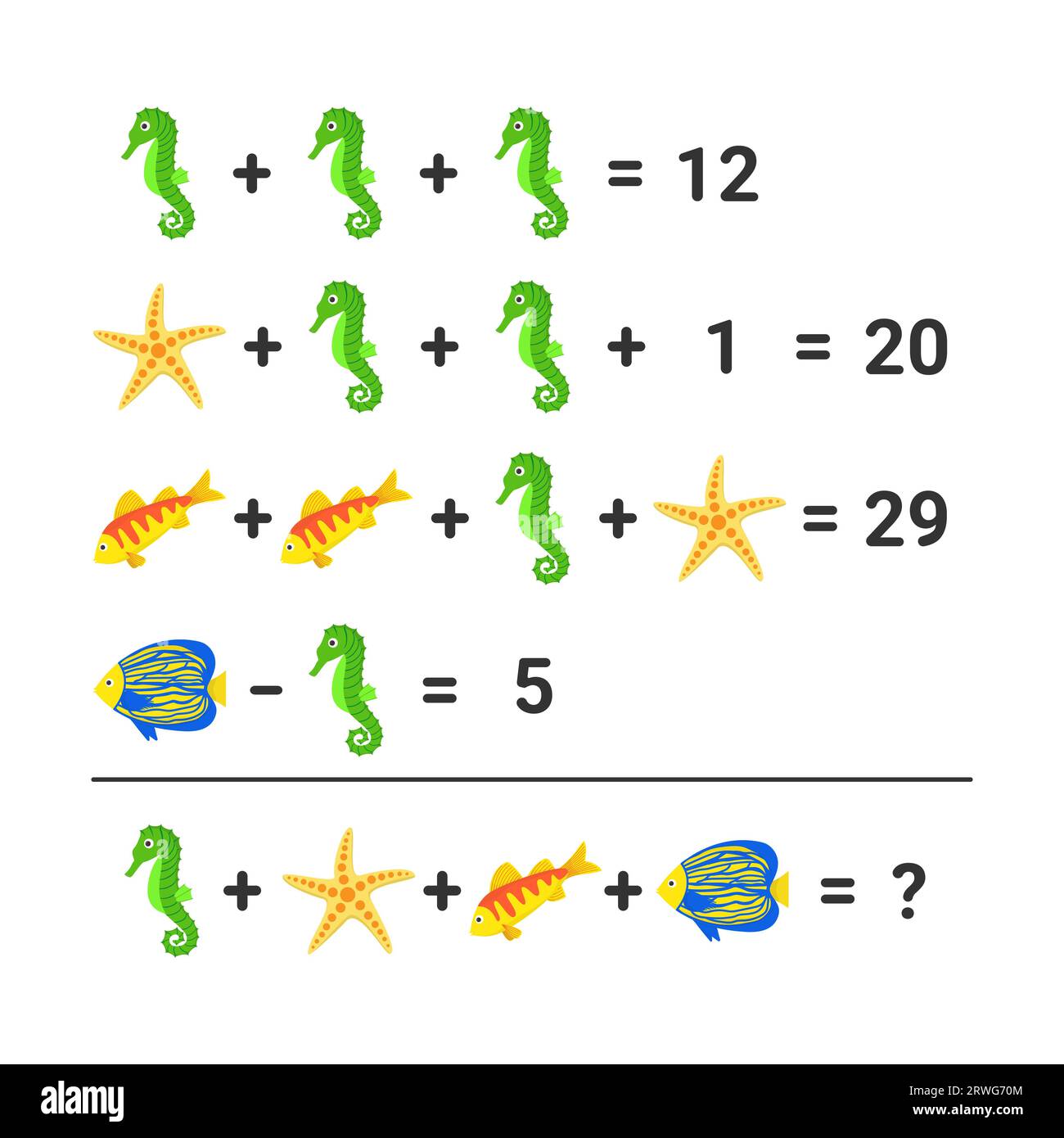 Mathematisches Arbeitsblatt mit Meerestieren und Fischen. Stock Vektor