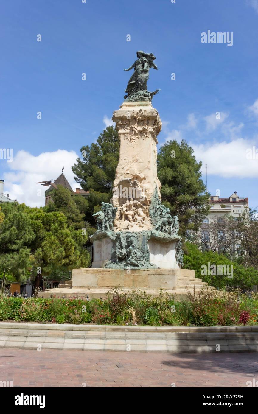 Plaza de los Sitios, Zaragoza, Aragon, Spanien. El Monumento a los Sitios de Zaragoza oder Denkmal für die Belagerung von Zaragoza. Skulpturengruppe in s Stockfoto