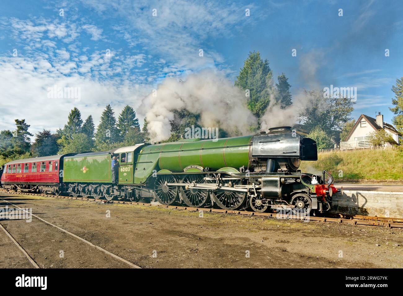 Fliegende Scotsman-Dampfeisenbahn am Boot von Garten Scotland mit Dampf und Rauch von allen Zugmaschinen Stockfoto