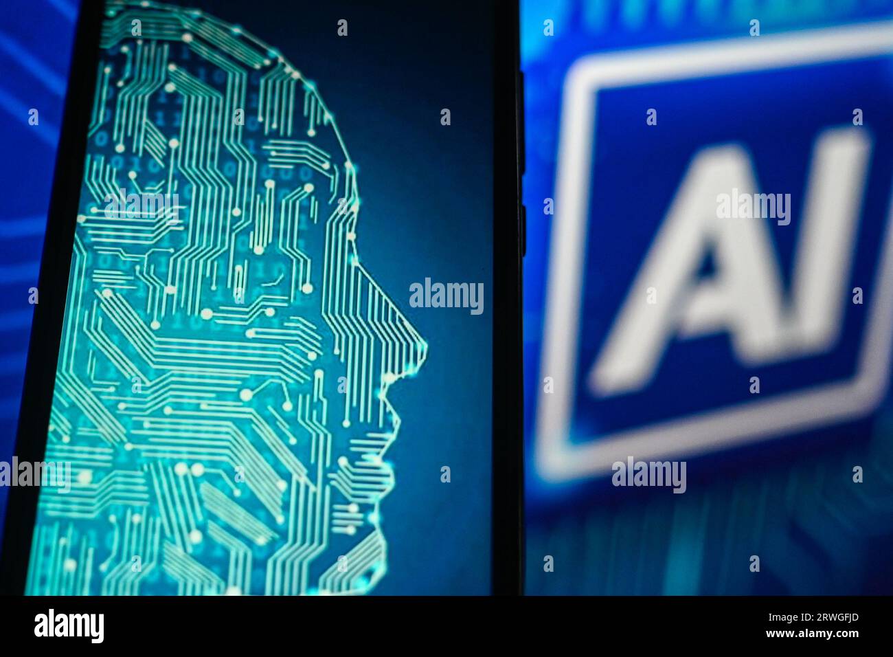 In dieser Abbildung wird das AI-Bild auf einem Smartphone mit AI-Symbol im Hintergrund angezeigt. Stockfoto