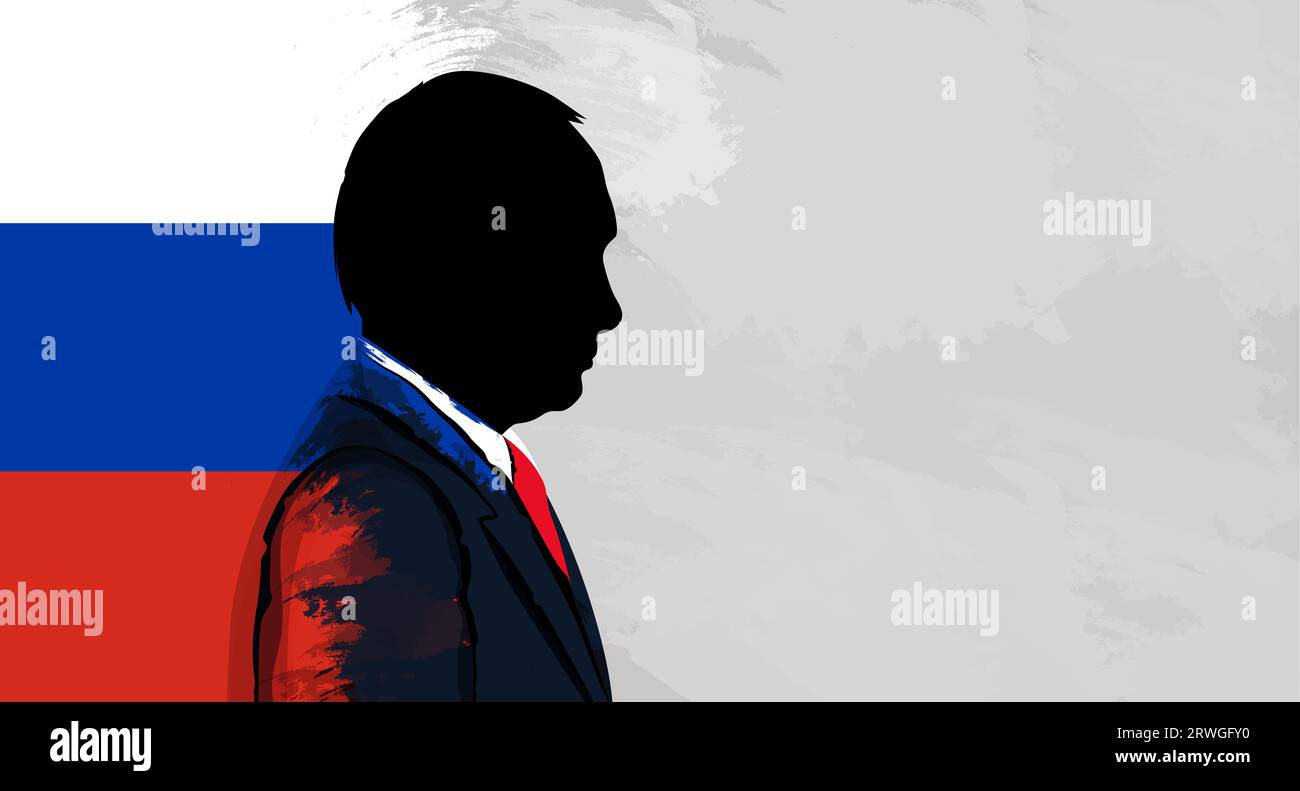 Wladimir Putin. Präsident Russlands. Gesichtskontur auf dem Hintergrund der russischen Flagge. Redaktionelle Darstellung von Putin mit Grunge-Textur. Stockfoto