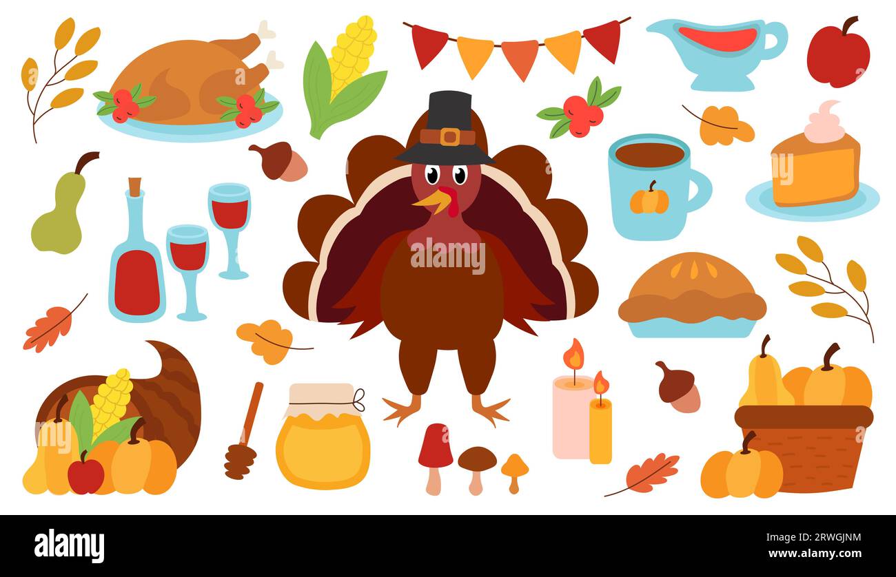 Thanksgiving-Tag-Elemente eingestellt. Türkei im Pilgerhut. Kuchen, Cornucopia, Mais, Wein, Kerzen, garland, Schatz. Kürbisse aus Korb. Happy Thanksgiving Day. Stock Vektor