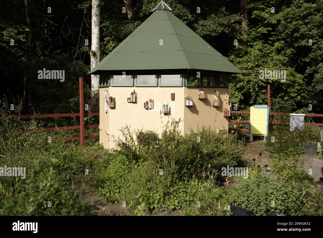 Insektenhotel. Holzstruktur mit natürlichem Material gefüllt bereit, Insekten willkommen Stockfoto