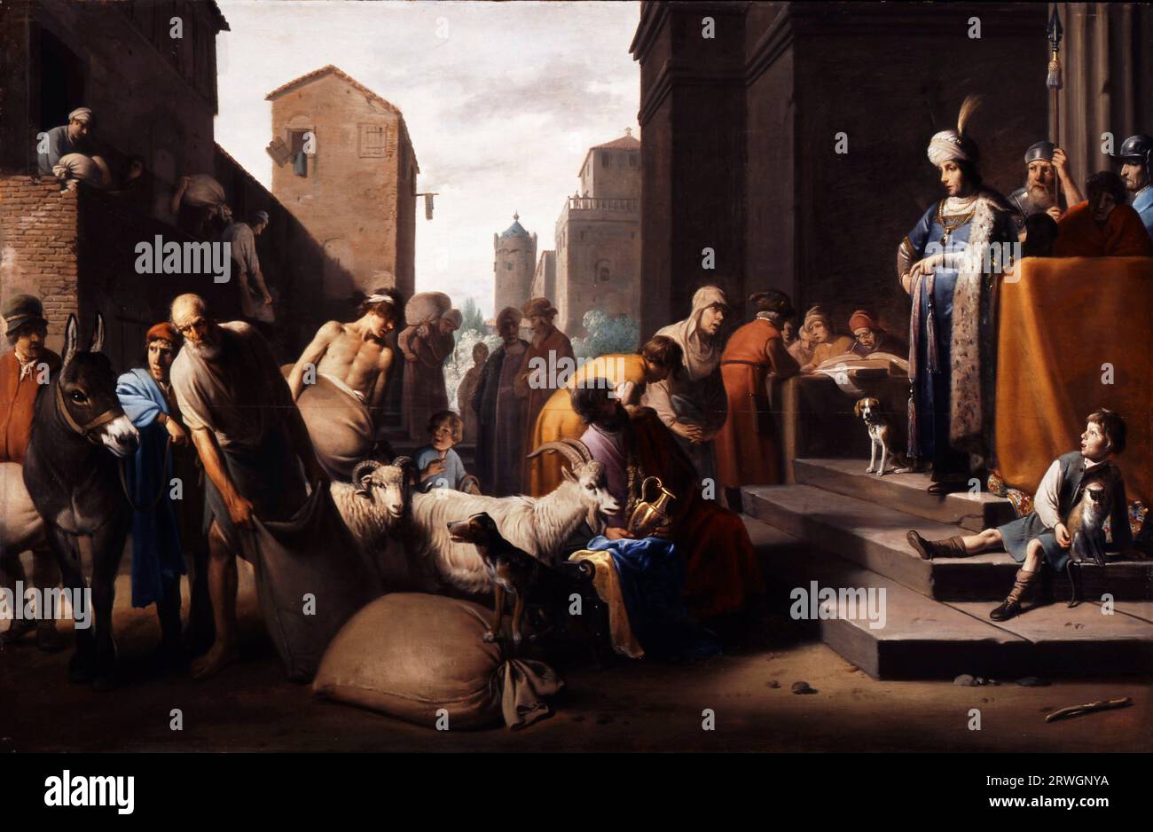 Joseph Selling Grain in Egypt von Claes Corneliszoon Moeyaert (1592-1655), Oil on Oak, 1633 Stockfoto