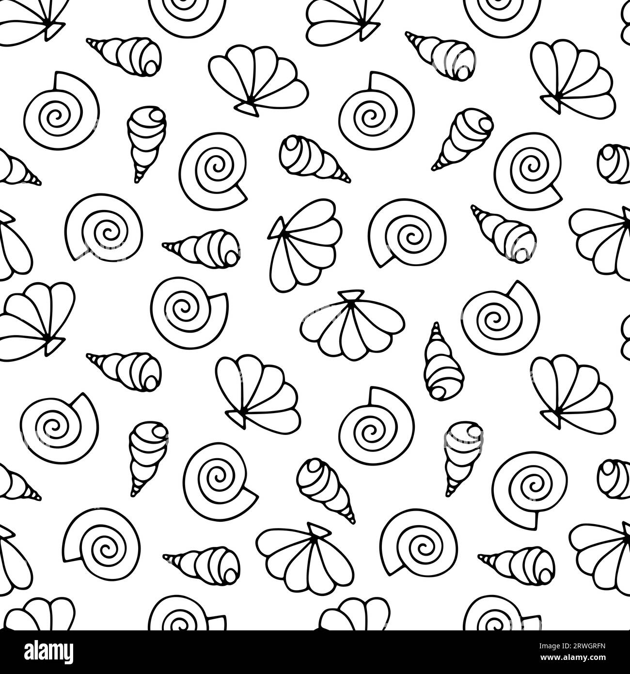 Handgezeichnetes Seashells nahtloses Vektormuster. Schwarze Meeresschnecken isoliert auf weißem Hintergrund. Doodle Muscheln aquatische Illustration für Tapeten, Stock Vektor