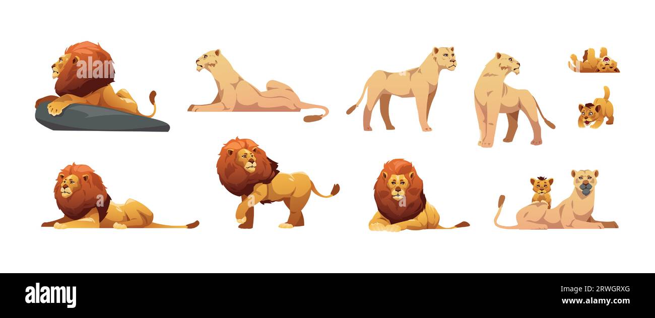Zeichentricklionin. Niedliche Familien-Dschungelkatzen, Löwenmutter und Jungtier im flachen Stil, Africa savana Zoo Tiere, Katzenfresser Stolz. Vector Buntes Set Stock Vektor