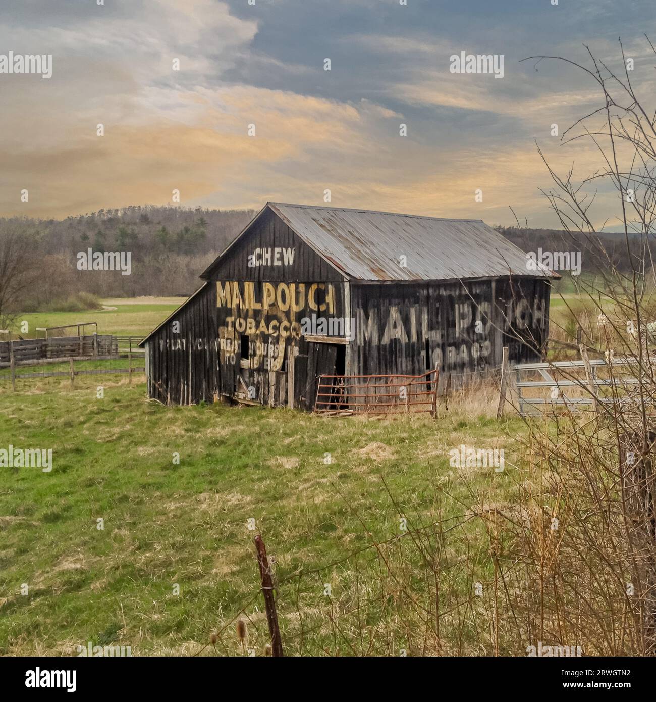 Im ganzen Nordosten gibt es Postbeutel-Scheunen, die Tabakwerbung betreiben. Stockfoto