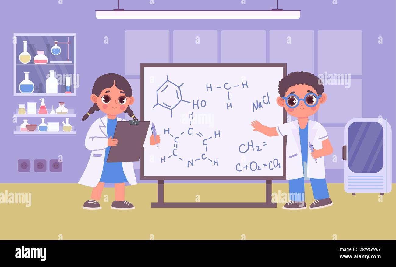 Zeichentrickkinder in Gewändern machen Chemieexperimente, Kinderwissenschaftler Stock Vektor