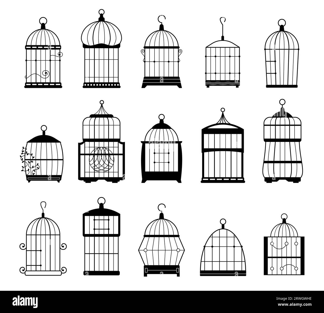 Leere Vogelkäfig-Silhouetten. Niedliches Vogelhaus für verschiedene Vogelarten, dekorativer Metallkäfig für hauskanariensymbol. Vektor-isoliertes Set Stock Vektor