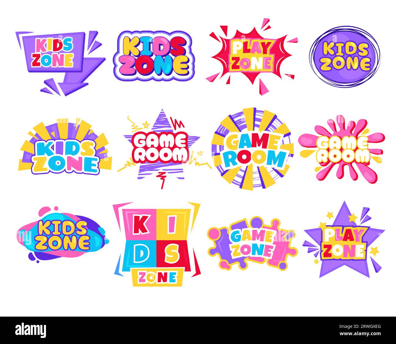 Spielzimmer-Kid-Logo. Farbenfroher Cartoon-Hintergrund mit kindlichem Spielzimmer, Kinderspielplatz und Aktivitätenelementen. Vektor-isoliertes Set Stock Vektor