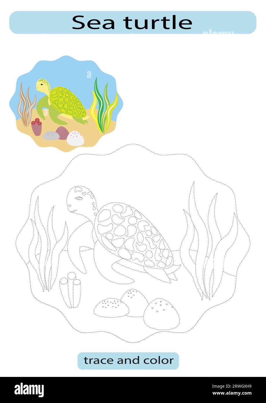 Kinderarbeitsblatt zum Färben und Nachzeichnen von Schildkröten am Boden des Ozeanvektors Stock Vektor
