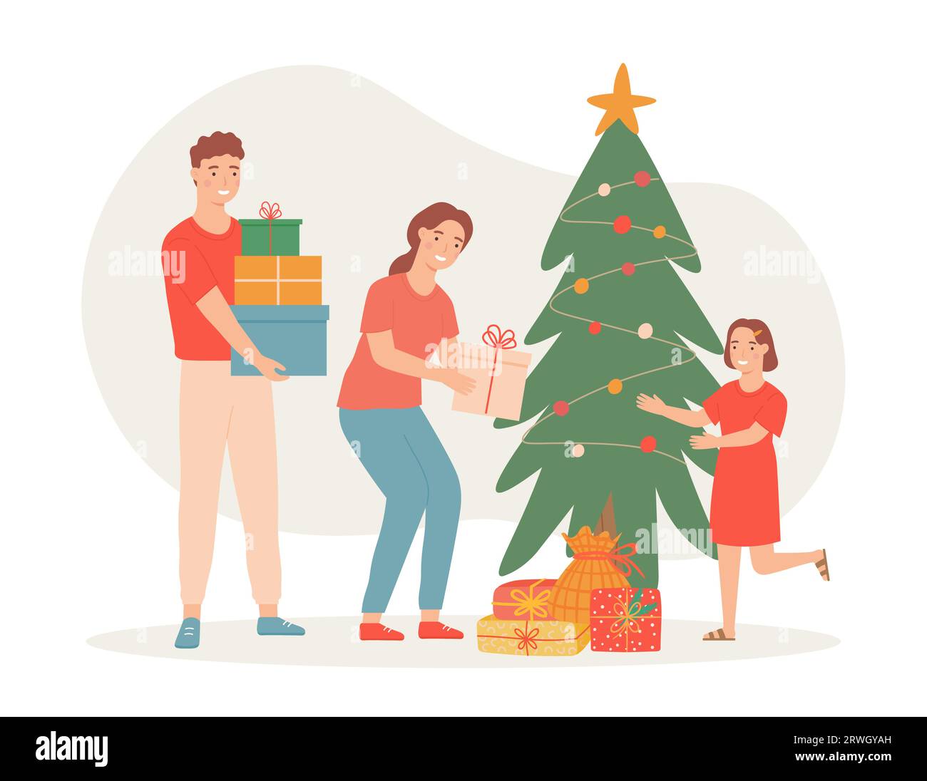 Die Familie feiert weihnachten zu Hause, Bäume und Geschenke Stock Vektor