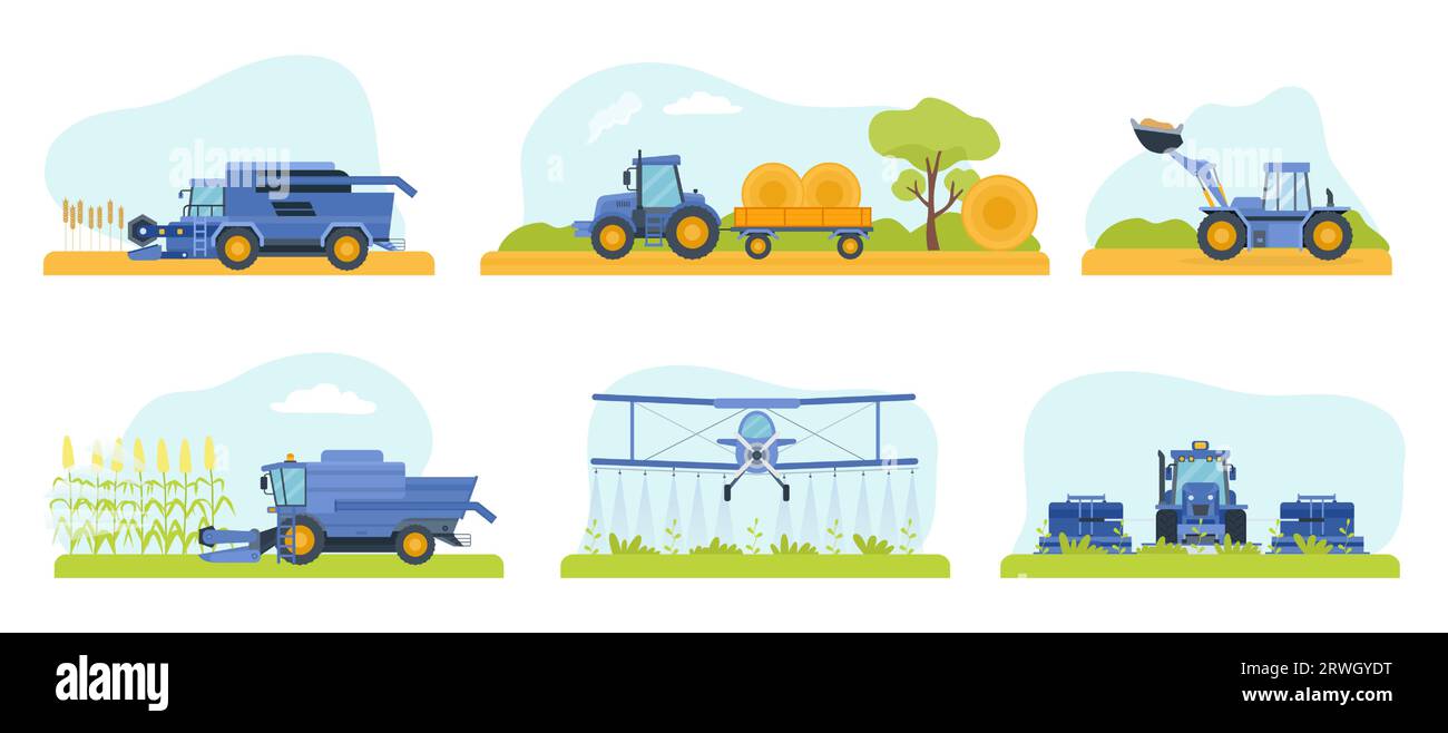 Flache Landmaschinen, Erntemaschinen und Bewässerungsmaschinen Stock Vektor