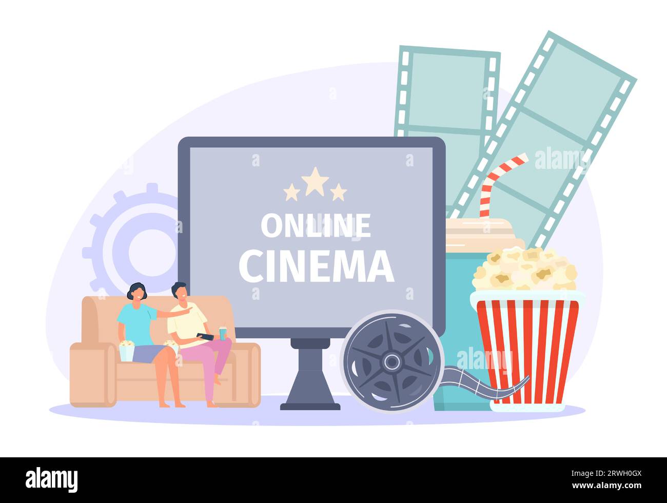 Online-Kinokonzept, Pop Corn und Sofa Stock Vektor