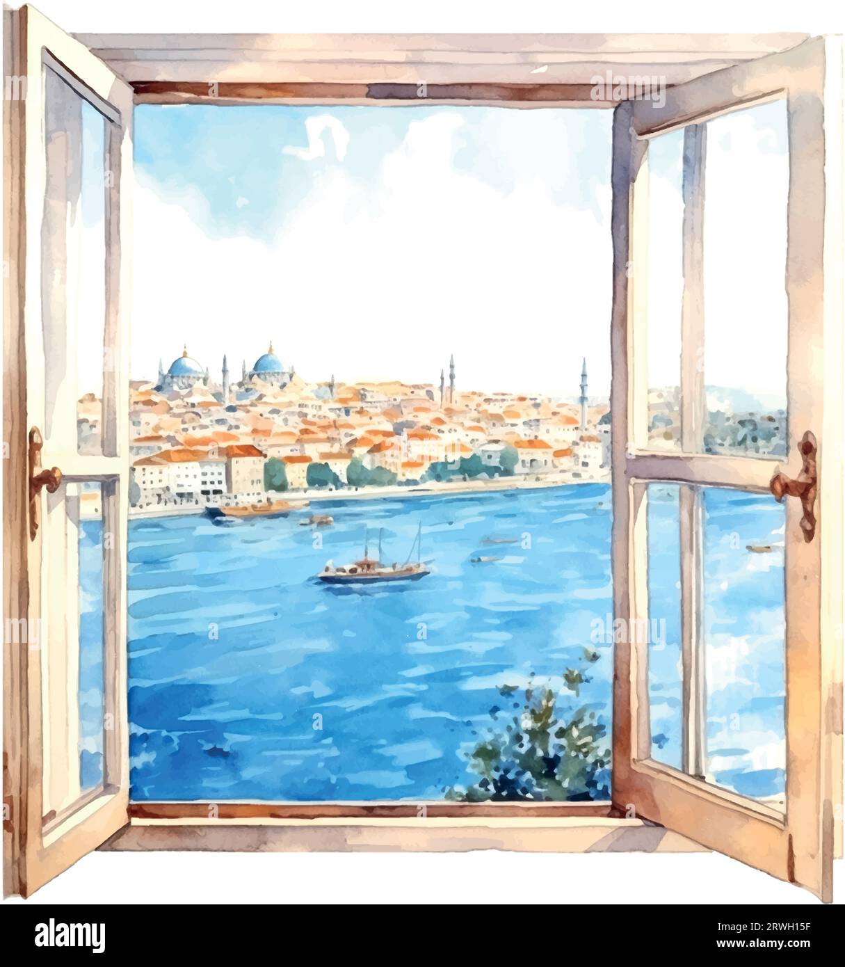 Fenster Meer istanbul Aquarell auf weißem Hintergrund Stock Vektor