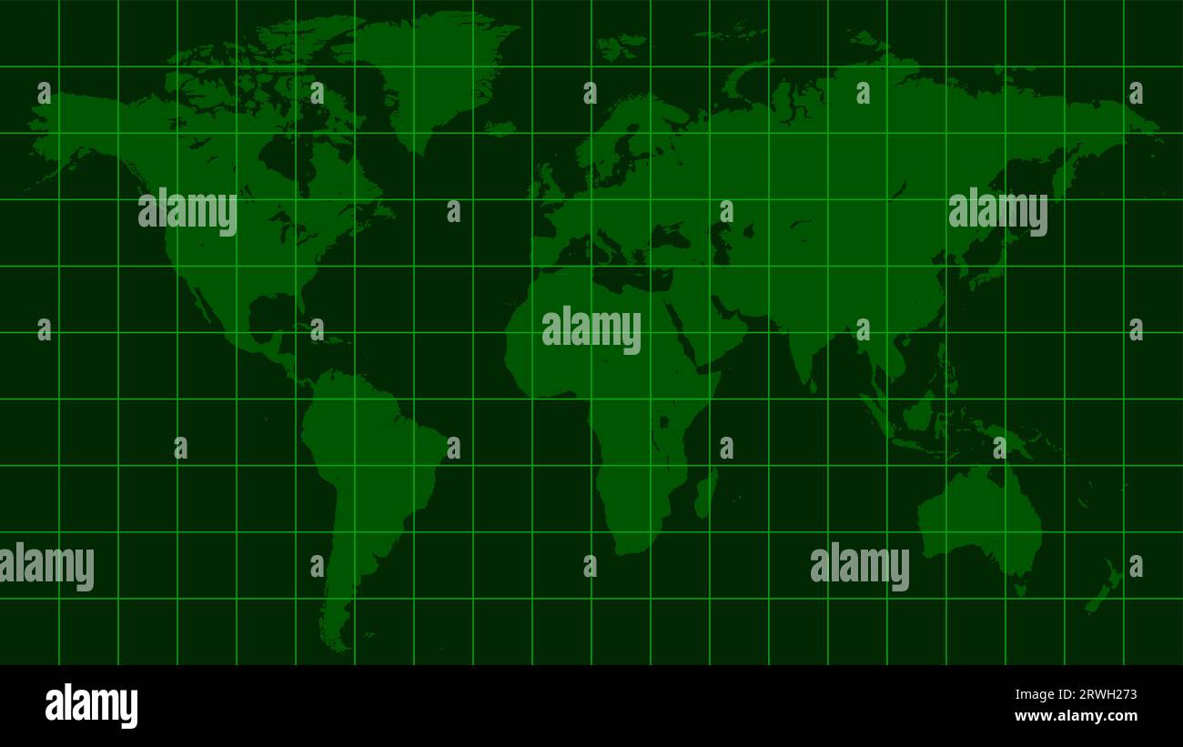 Weltkarte Erde, dunkelgrüner Radarbildschirm im Matrixstil Stock Vektor