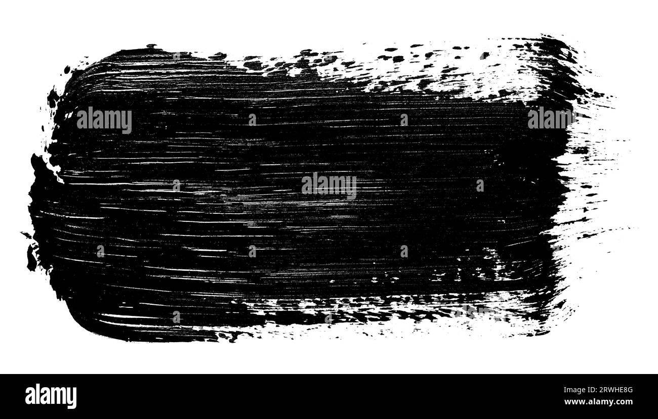 Schwarzer Farbstrich mit Borstenpinsel, Farbfeld isoliert auf weißem Hintergrund Stockfoto