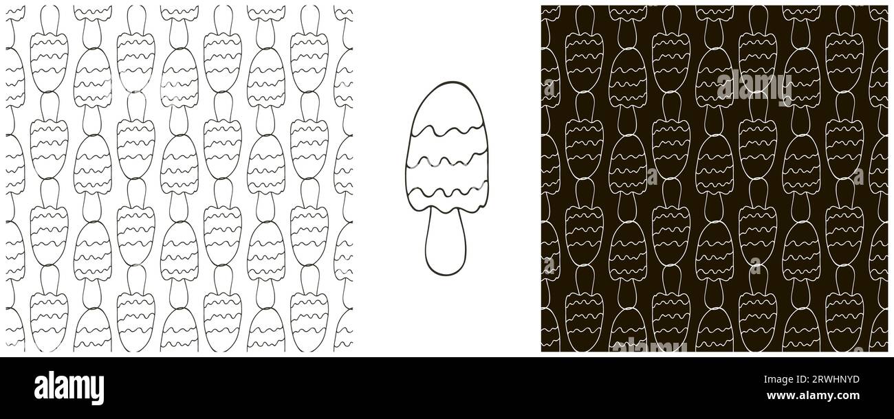 Roter Feenpilz. Monochrom-Illustration in Handzeichnung. Nahtloses Muster für Küche und Restaurant festlegen Stock Vektor