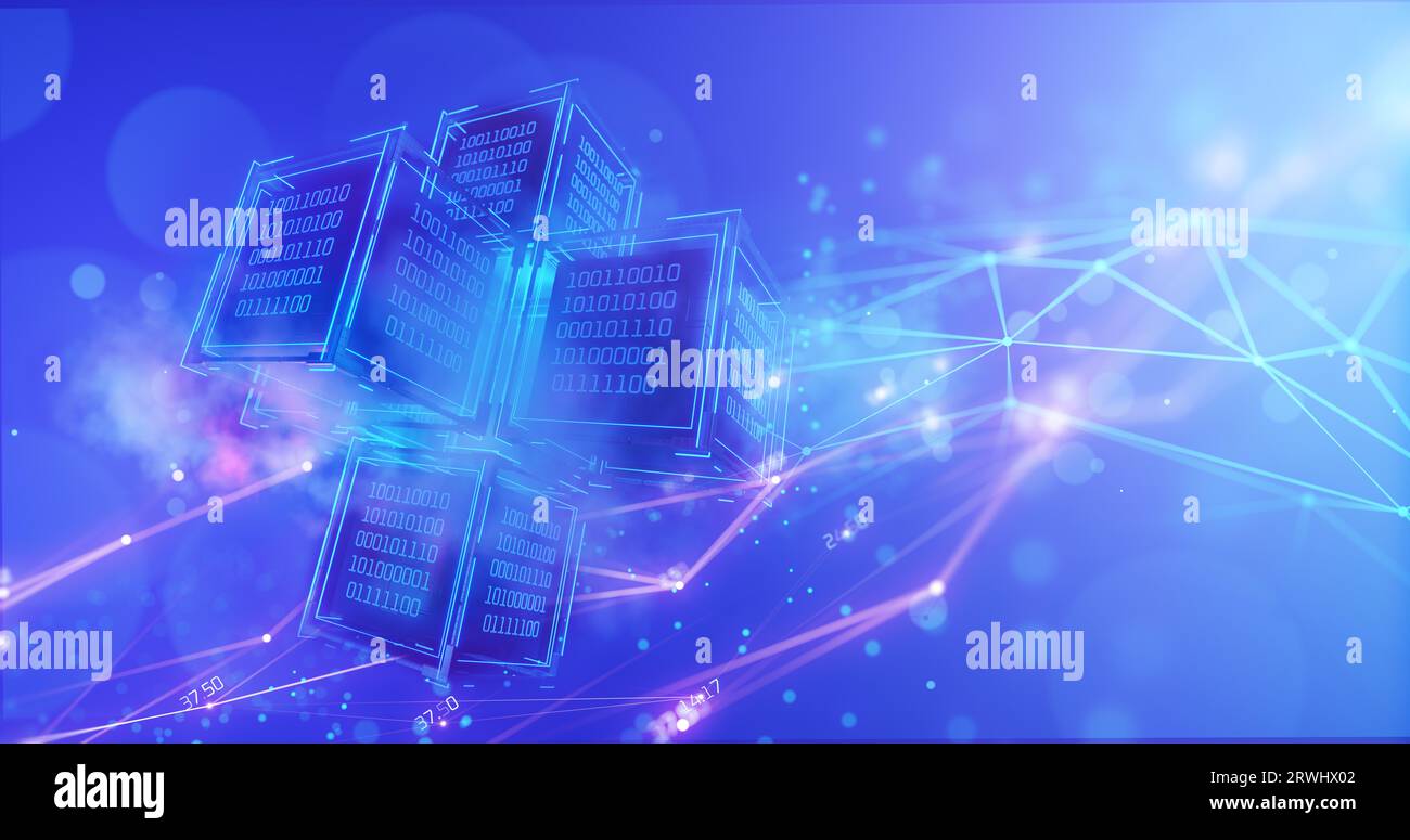 Big Data. Datenblock. Cube mit binärem Code. Abstrakter technischer Hintergrund. Binärcode. Hackerangriff. Computercode. Digitale Technologien. Blockchai Stockfoto