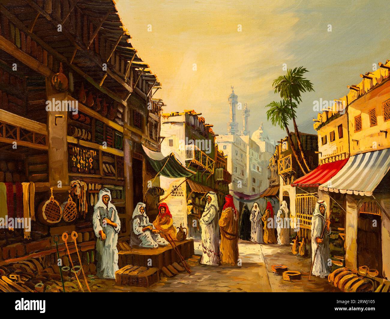 Vintage-Ölgemälde mit einem alten Marktplatz aus dem Nahen Osten, möglicherweise in Kairo, Ägypten, mit Ständen und einer Vielzahl von Waren. Stockfoto