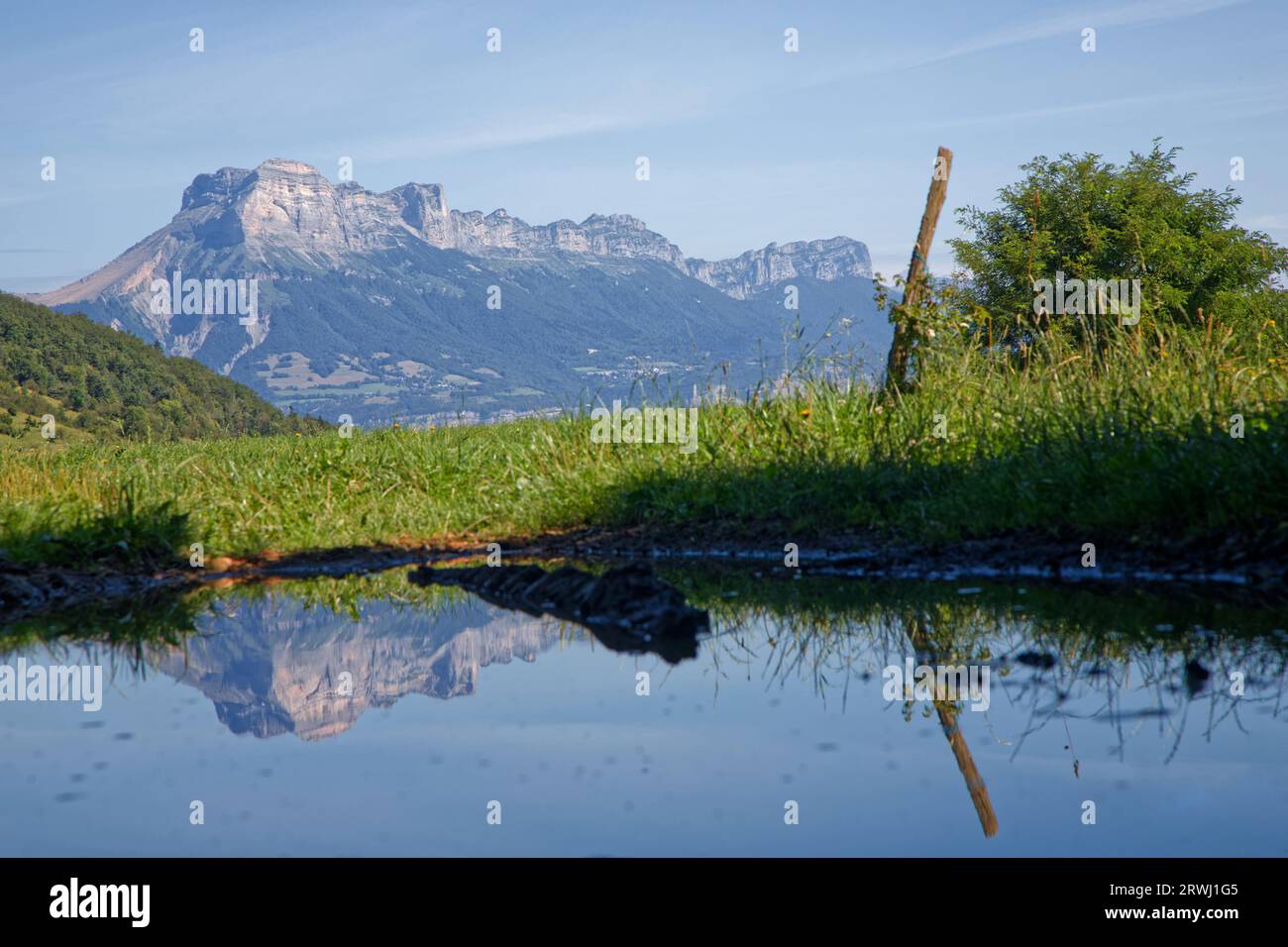Reflexion des Dent de Crolles-Gipfels in einem kleinen Teich Stockfoto